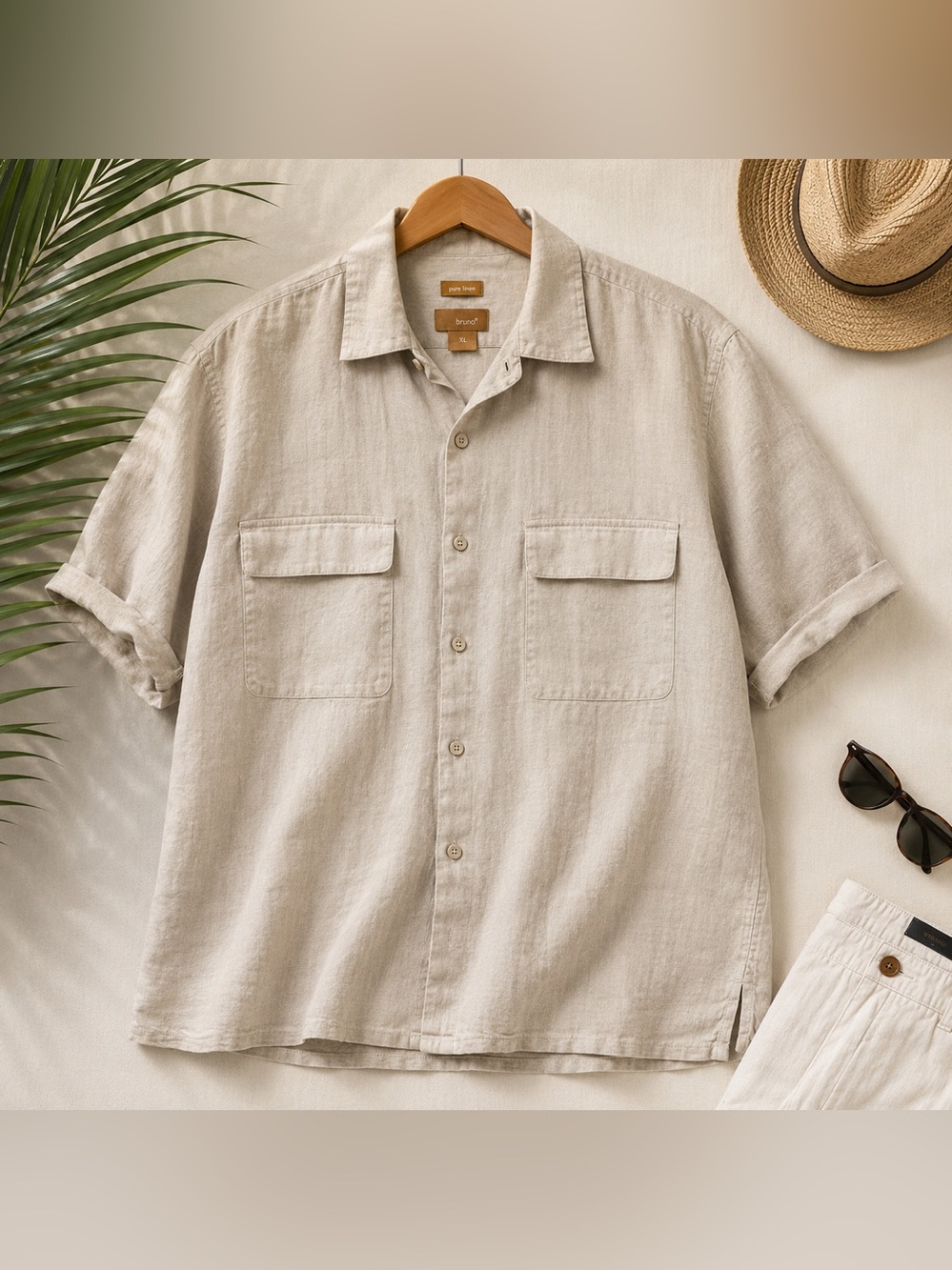 Bruno Men’s Pure Linen Button Up Shirt XL Coastal Quiet Luxury Beige 100% Linen